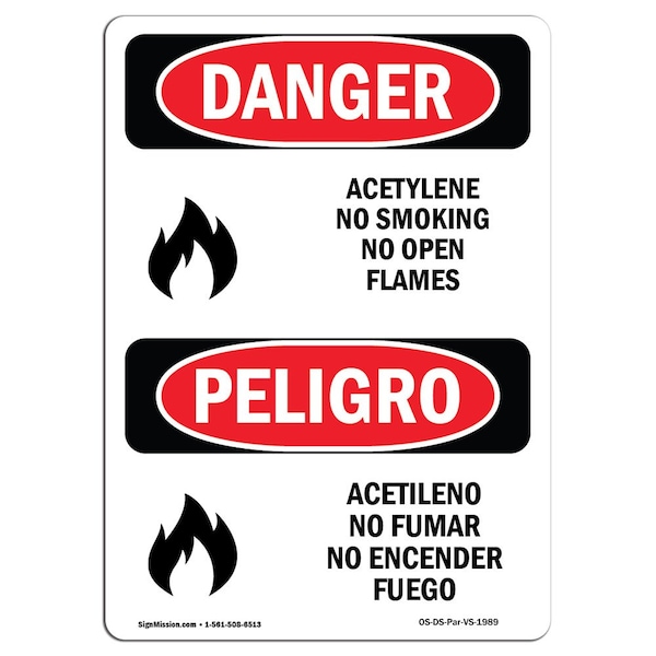 Safety Sign, OSHA, 24" Height, Aluminum, Acetylene No Smoking No Open Flames, Spanish